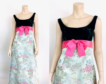 Vintage 1960s GREEN VELVET & Floral BROCADE Maxi Party Maxi Dress with Pink Satin Bow
