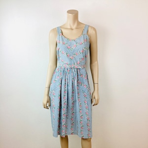 Vintage 1950s BLUE & WHITE Striped PINK Floral Print Cotton Dress