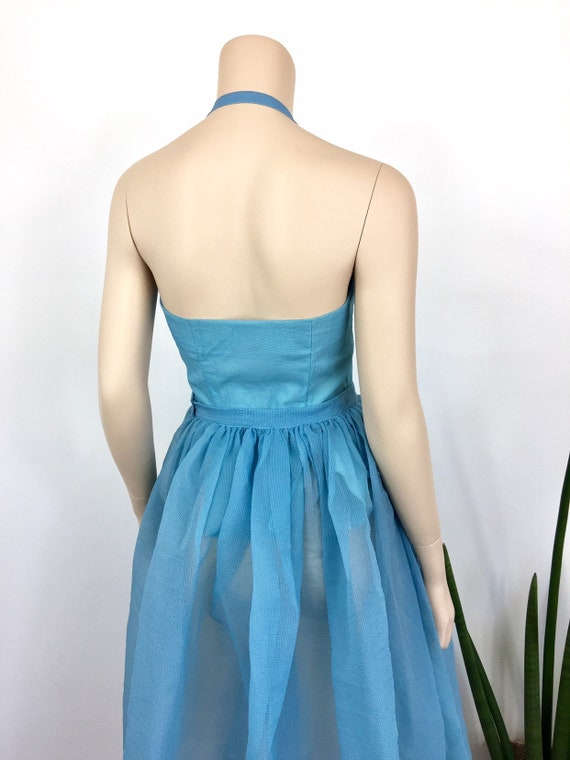 1950s Vintage SHEER TURQUOISE Blue HALTER Top & S… - image 7