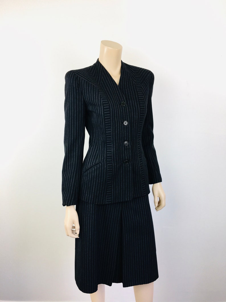 Vintage 1940s STRIPED Black & Grey Big Shoulder Skirt and Jacket Suit image 7
