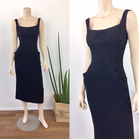 1950s Vintage CEIL CHAPMAN Black BEADED Cocktail D