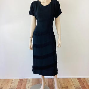 Vintage 1950s BLACK Rayon ASYMMETRIC FRINGE Skirt Dress