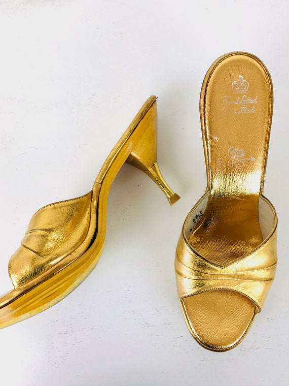 Vintage 1950s GOLD LEATHER Plywood PLATFORM Open … - image 6