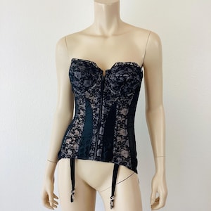 Vintage 1950s RONDEAU Black LACE Corset with Garters 34B Pin Up Lingerie