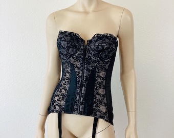 Vintage 1950s RONDEAU Black LACE Corset with Garters 34B Pin Up Lingerie