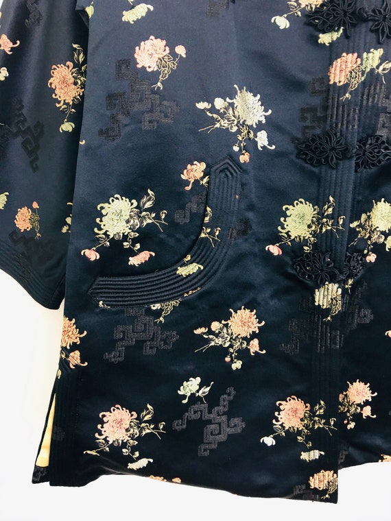 Vintage 1950s BLACK BROCADE Asian FLORAL Pattern … - image 5