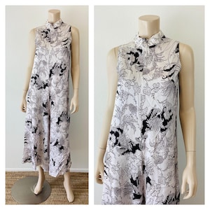 Vintage 1960s MOD FLORAL Print Black & White Wide Leg Jumpsuit