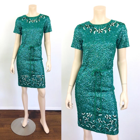 Vintage 1950s 1960s GREEN SEQUIN BEADED Party Dres