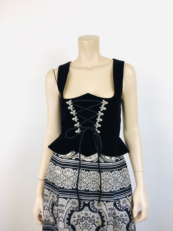 Vintage 1960s BLACK VELVET DIRNDL Lace Up Bustier… - image 3