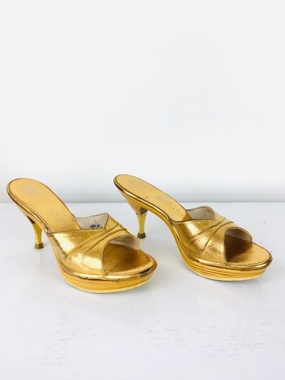 Vintage 1950s GOLD LEATHER Plywood PLATFORM Open … - image 5