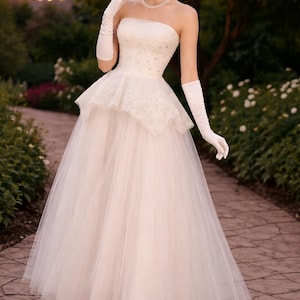 1950s white prom dress Vintage A-Line Square Neck White Satin Midi Wedding Gown,1950s White Prom Dress Vickidress Online Store Powered by Storenvy