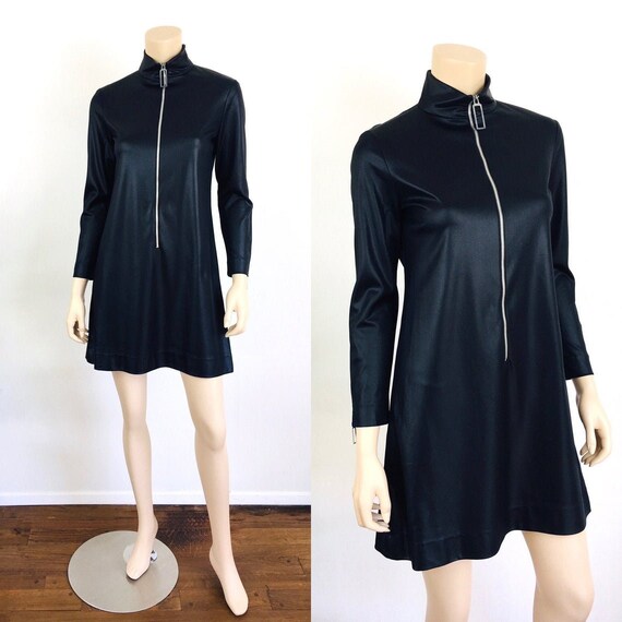 Vintage 1960s BLACK Silver ZIPPER FRONT High Neck