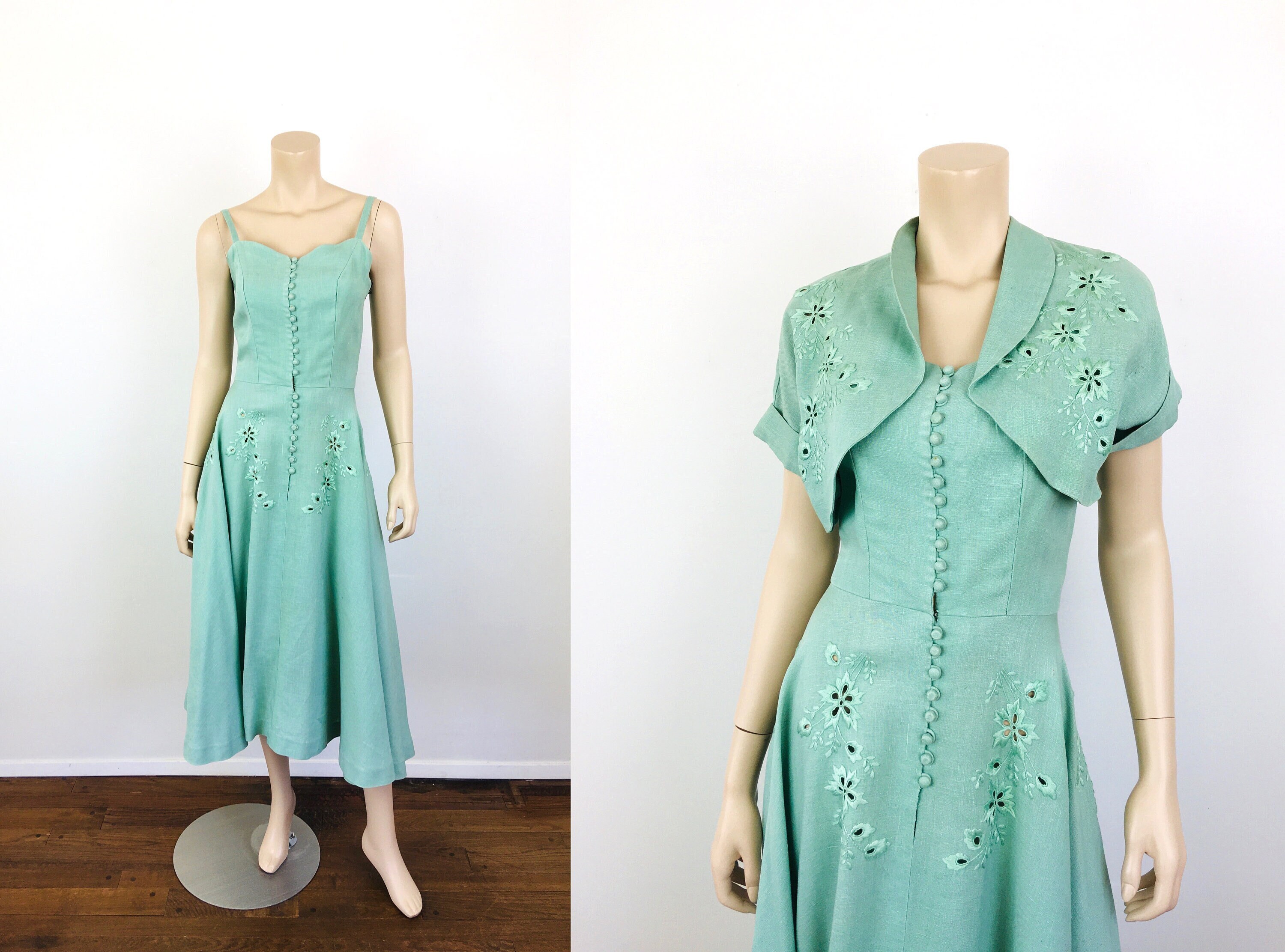 Real Vintage Search Engine Vintage 1940 Green Embroidered Eyelet Linen Button Front Dress with Cropped Bolero Jacket $195.00 AT vintagedancer.com