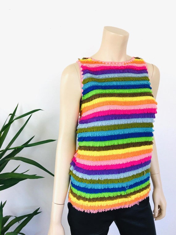 Vintage 1960s RAINBOW Stripe LOOPY FRINGE Mod Tank To… - Gem
