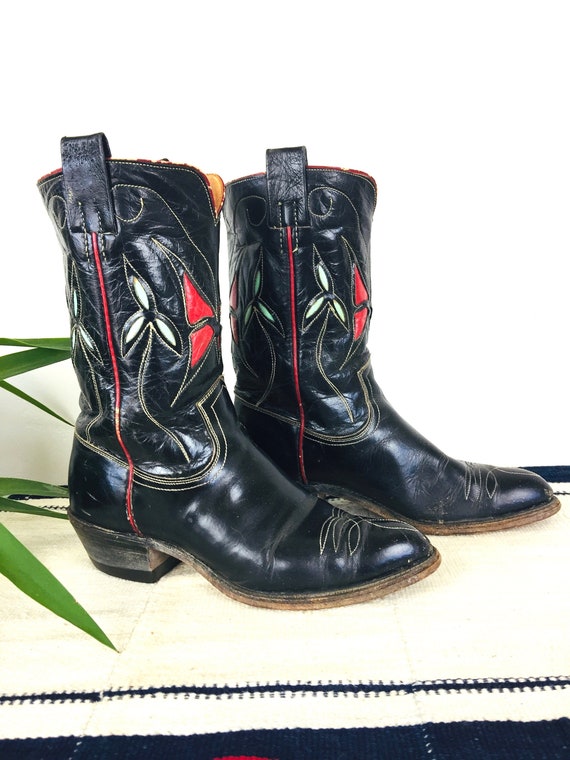 Vintage 1950s Black Leather & Red Butterfly Inlay