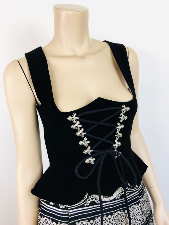 Vintage 1960s BLACK VELVET DIRNDL Lace Up Bustier… - image 6