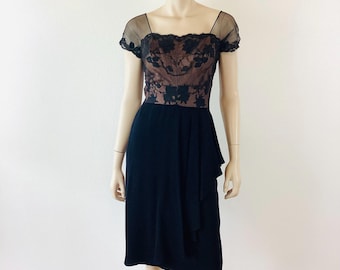 Vintage 1950s SHEER Black LACE ILLUSION Sarong Draped Hip Wiggle Cocktail Dress