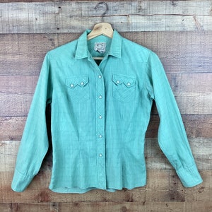 Vintage 1950s H BAR C Green Cotton Pearl Snap Cowboy Western Shirt