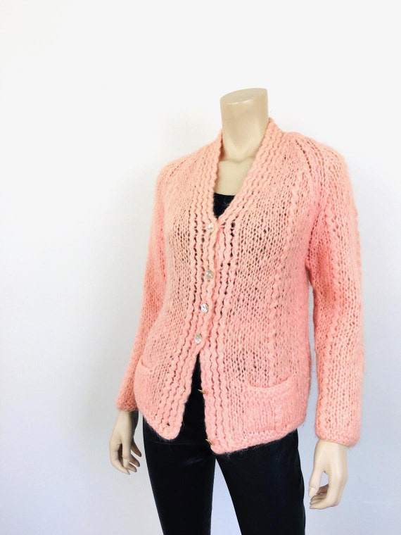 Vintage 1960s PASTEL PINK Wool & MOHAIR Cardigan Sweater Made in 