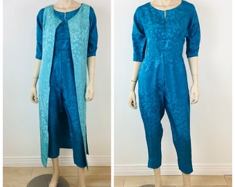 Vintage 1960s DARK TURQUOISE Blue Asian Style Catsuit / Jumpsuit & Duster Jacket Vest Set