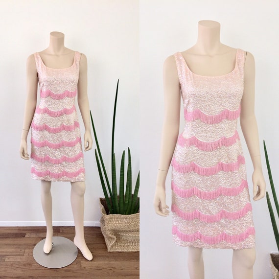 1950s 1960s Vintage PINK Sequin BEADED FRINGE Cock