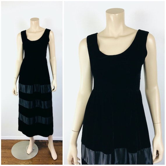 Vintage 1960s BLACK VELVET & SATIN Stripe Long Ev… - image 1