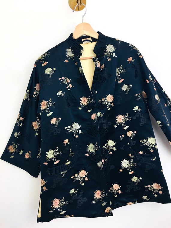 Vintage 1950s BLACK BROCADE Asian FLORAL Pattern … - image 2