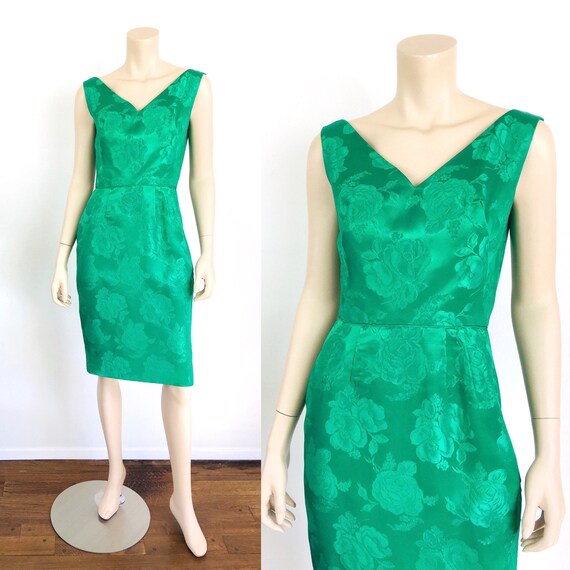 Vintage 1950s 1960s EMERALD GREEN Floral BROCADE P