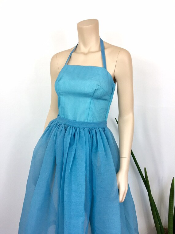 1950s Vintage SHEER TURQUOISE Blue HALTER Top & S… - image 3