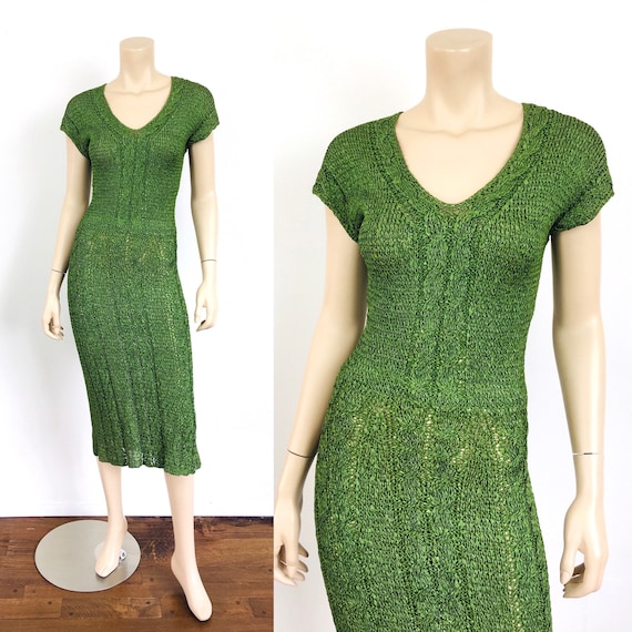 1950s Vintage CROCHET RIBBON Knit Grass Green Bia… - image 1