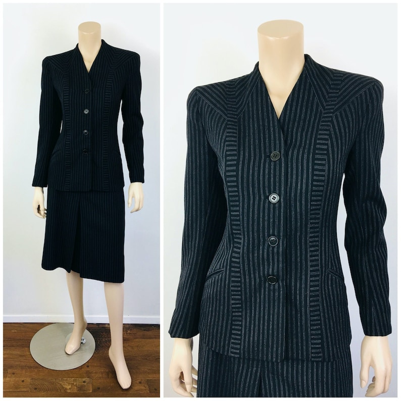 Vintage 1940s STRIPED Black & Grey Big Shoulder Skirt and Jacket Suit image 1