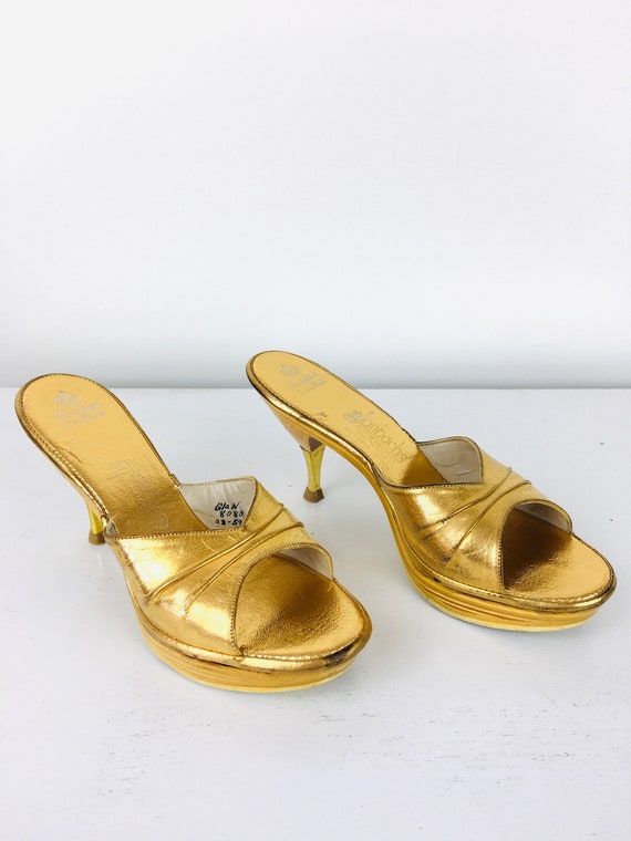 Vintage 1950s GOLD LEATHER Plywood PLATFORM Open … - image 4