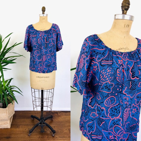 Vintage 1940s FLORAL RAYON Print Blouse Top