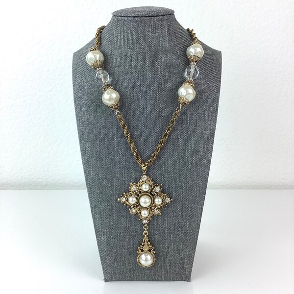 Vintage 1960s GOLD RHINESTONE & PEARL Bead Enny Monaco Necklace / Chanel Style