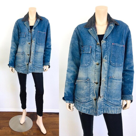 Vintage 1970s DISTRESSED DENIM Blanket Lined CHORE