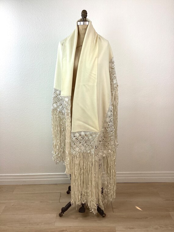 Antique Vintage CREAM Wool MACRAME FRINGE Shoulde… - image 8