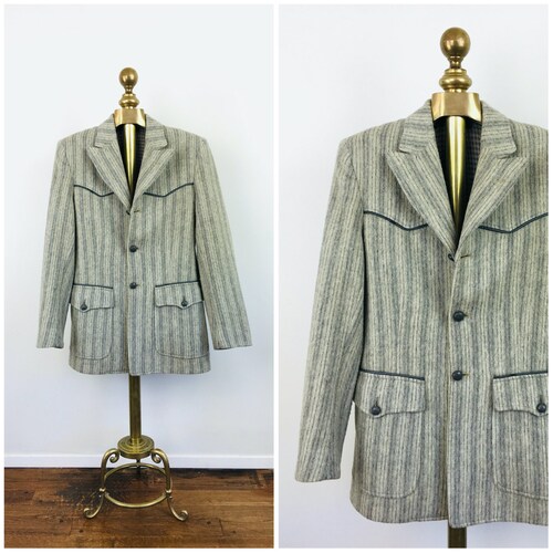Vintage 1950s 1960s H bar shops C Mens Grey Wool Stripe Ranch Wear Jacket