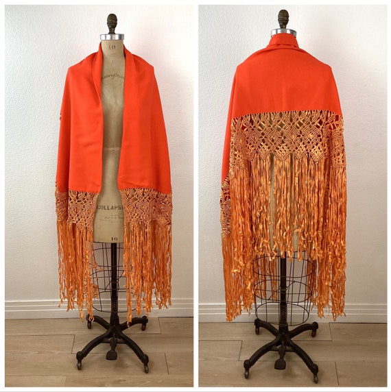 Antique Vintage ORANGE Wool MACRAME FRINGE Shoulde