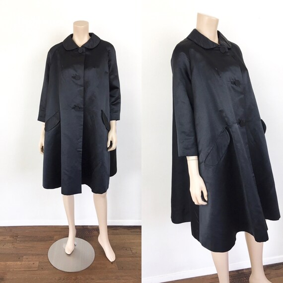 1950s 1960s Vintage Black Silk Satin Swing Coat J… - image 1