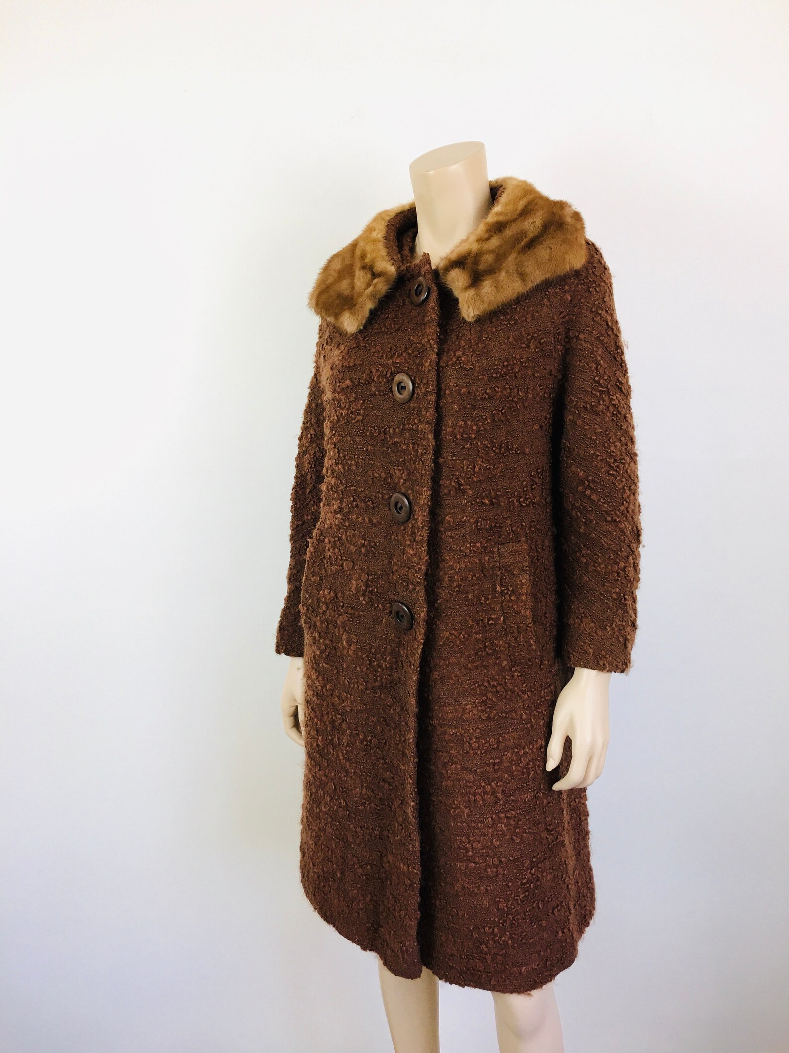 Vintage 1960s CHUNKY BROWN Wool & Mink FUR Collar Button Front Coat - Etsy