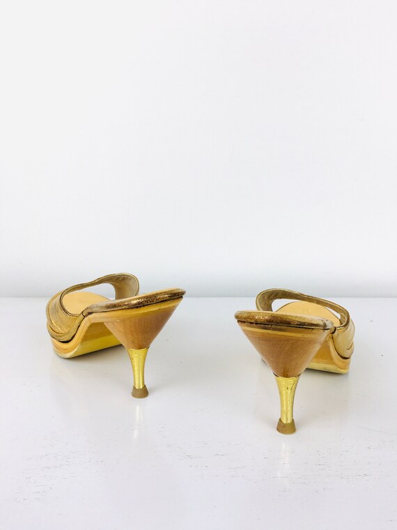 Vintage 1950s GOLD LEATHER Plywood PLATFORM Open … - image 7