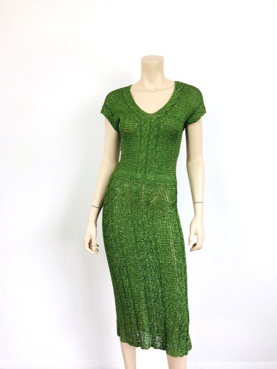 1950s Vintage CROCHET RIBBON Knit Grass Green Bia… - image 3