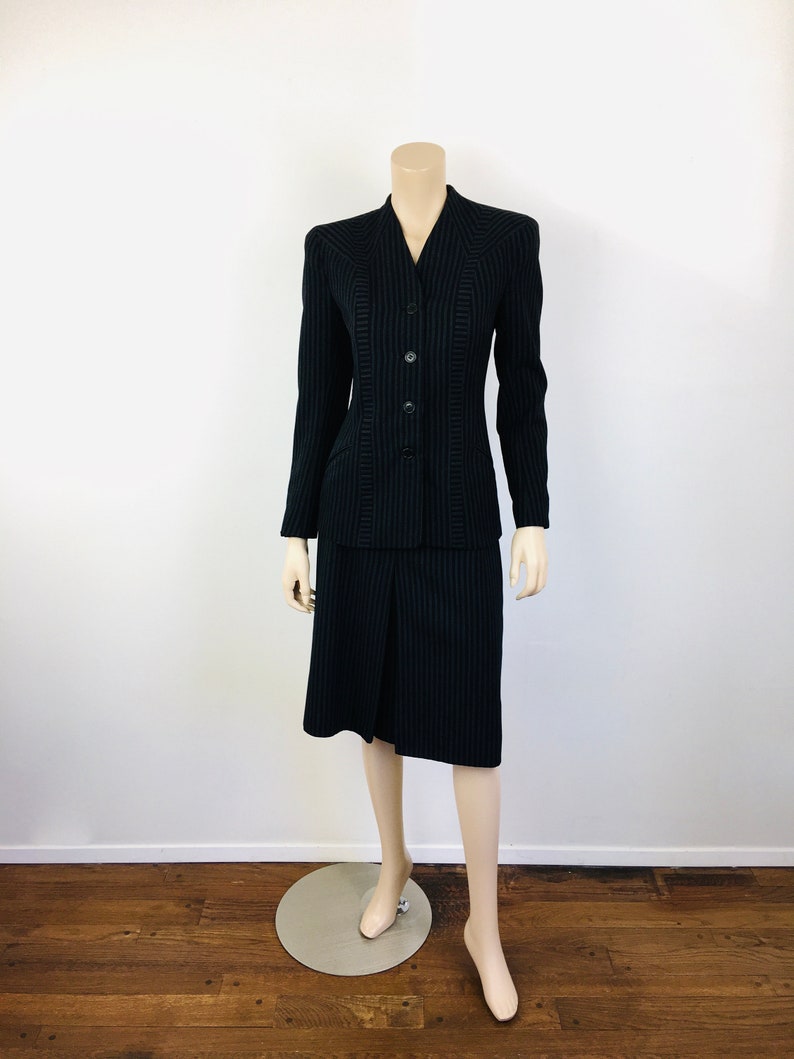 Vintage 1940s STRIPED Black & Grey Big Shoulder Skirt and Jacket Suit image 2