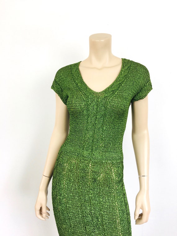 1950s Vintage CROCHET RIBBON Knit Grass Green Bia… - image 4