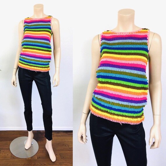 Vintage 1960s RAINBOW Stripe LOOPY FRINGE Mod Tank To… - Gem