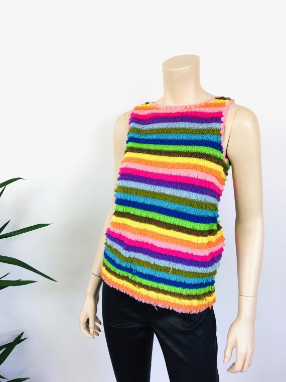 Vintage 1960s RAINBOW Stripe LOOPY FRINGE Mod Tank To… - Gem