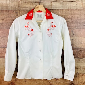 Vintage 1950s CACTUS EMBROIDERED Silver METALLIC & Red h Bar c Cowboy Western Shirt