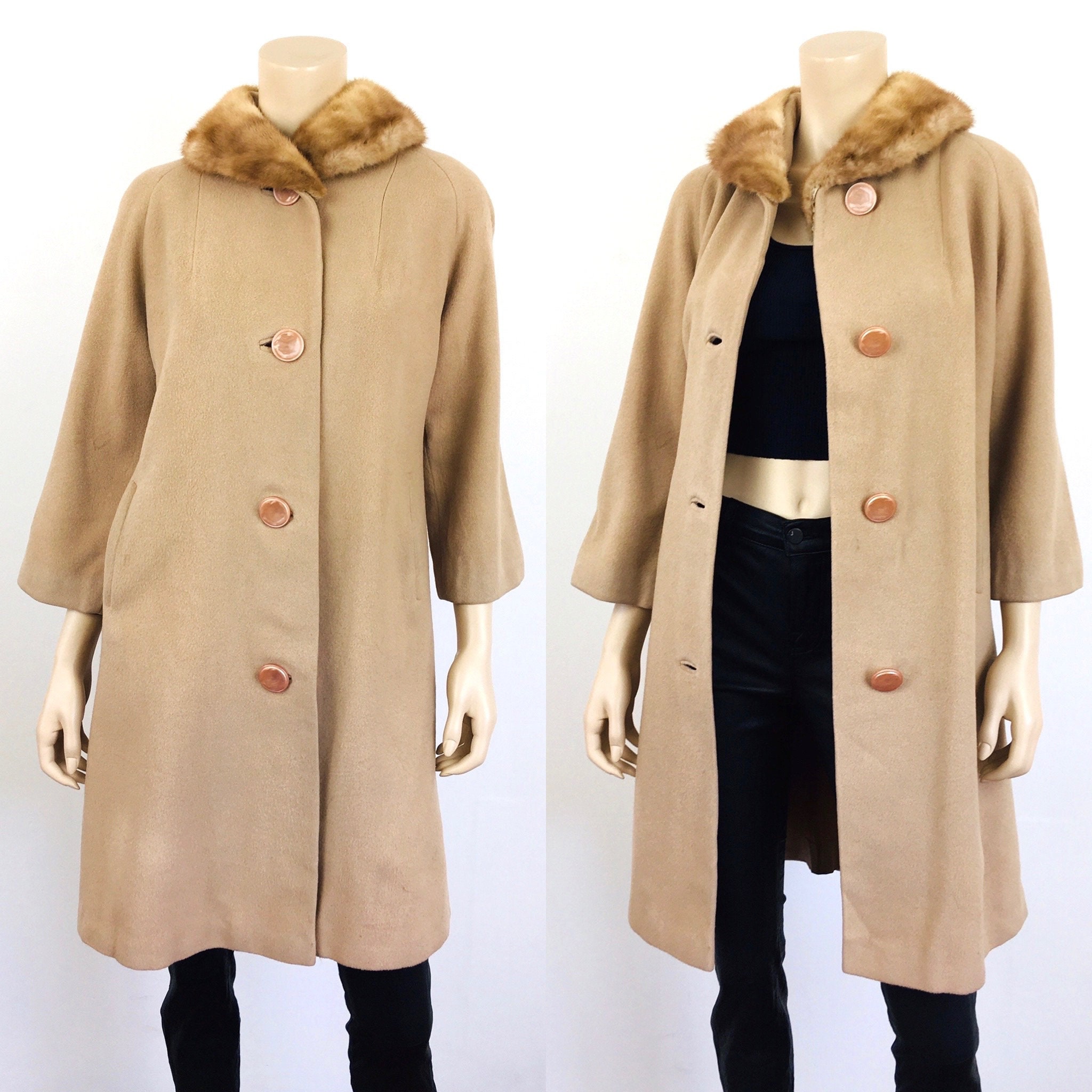 Vintage 1950s 1960s Beige CASHMERE & MINK FUR Collar Coat - Etsy