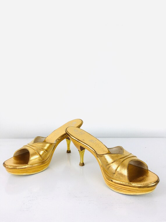 Vintage 1950s GOLD LEATHER Plywood PLATFORM Open … - image 1