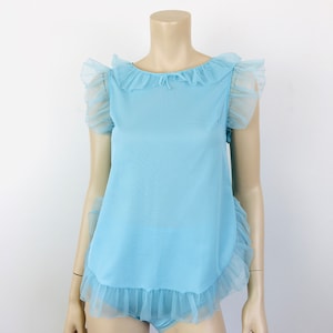 Vintage 1960s BABY BLUE Ruffled NYLON 2pc Babydoll Nighty Top & Panties Set / Hollywood Vassarette / Vintage Lingerie / Pin Up